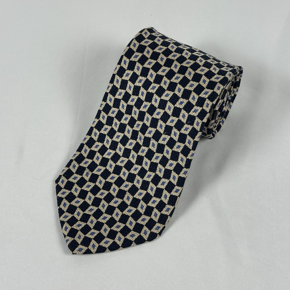 Brooks Brothers Makers Silk Tie Black Cream Diamond Geometric Handmade in USA